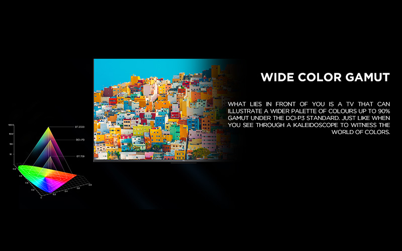 WIDE COLOR GAMUT - What lies in front of you is a TV that can illustrate a wider palette of colours up to 90% gamut under the DCI-P3 standard. Just like when you see through a kaleidoscope to witness the world of colors.